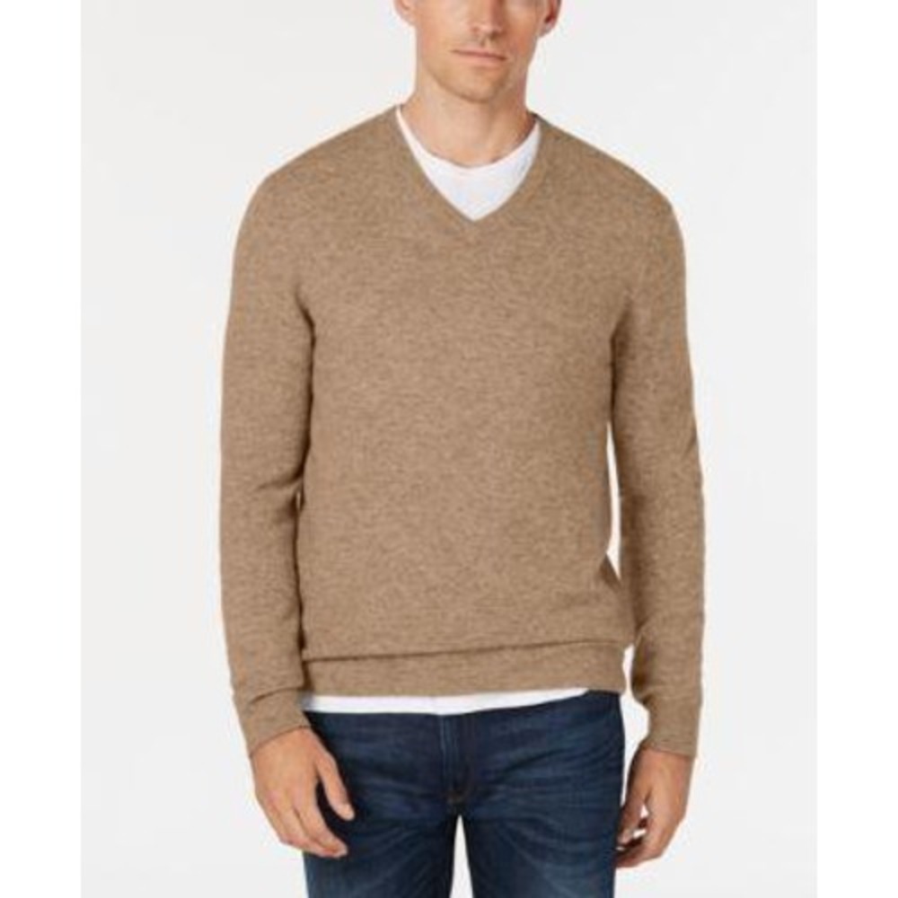Club Room Luxury Cashmere Sweater Mens XL Tan V-Neck Pullover 100% Cashmere
